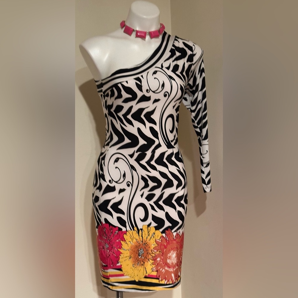 ANALILI Black White Abstract Floral One Shoulder Neck Line Body Con Dress Sz S - Picture 10 of 15